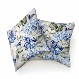 Beabes Pillow Covers Colorful Watercolor Blue Hydrangea Hibiscus Iris Leaf and Bird Spring Flowers Pattern 18X18 Inch Set of 2,Standard Square Cushion Throw Cover for Couch Bedroom Living