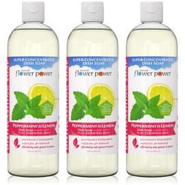 Natural Flower Power - Plant-Derived Dish Soap - Sulfate-Free, Bio-Based, pH-Balanced, Vegan Cleaning Supplies - Peppermint & Lemon - 3 x 16 oz