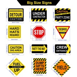Blulu 12 Pack Construction Party Signs Construction Themed Party Decorations Laminated Caution Traffic Signs Cutouts with 40 Glue Points for Birthday Supplies