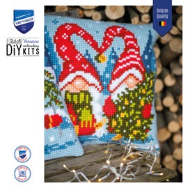 Vervaco Cross Stitch Embroidery Kits Cushion Embroidery Set Beginners Pre-Printed Christmas Gnomes DIY Set Creative Set for Adults Decorative Cushion Approx. 40 x 40 cm Craft Set Craftsman Home
