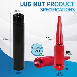 LUJIANI 32PCS M14x2.0 Spike Lug Nuts with 1 Socket Key，Solid 4.4" Tall Acorn 14mmx2.0 Wheel Accessories Parts，Red Spline Spike Lug Nut Compatible with 1994-2014 Ford F150, Ford 2000-2018 Expedition