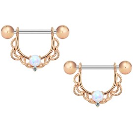 Forbidden Body Jewelry 14g Rose Gold Plated Synthetic Opal Partial Nipple Shield Filigree Barbell Set