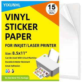 YIXUNHL Premium Printable Vinyl Sticker Paper for Inkjet and Laser Printer White Waterproof, Dries Quickly, Holds Ink well, Tear Resistant, Great for Cutting Machines (15 Sheets Matte)