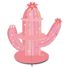 KARAQY 3 Tier Cactus Cupcake Stand, Pink Cactus Shape Cupcake Holder for Mexican Fiesta Party Supplies, Taco Party Decorations, Cinco De Mayo