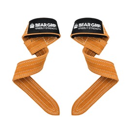 BEAR GRIP - Leather Weight Lifting Straps for Gym, Bodybuilding, Powerlifting, Crossfit and more (Camel Dual Ply, Padded)