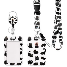 Eartim Cute Black Cat ID Badge Holder with Lanyard - 3Pcs Cat Lanyard Card Holder with Retractable Badge Reel Metal Clip Name Tag for kids Nurse Pet Lover Office Staff Student Birthday Christmas Gifts
