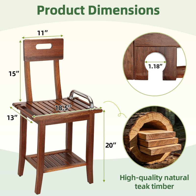 Shower Stool with Shelf and Handrails, Solid Water-Resistant Teak Shower