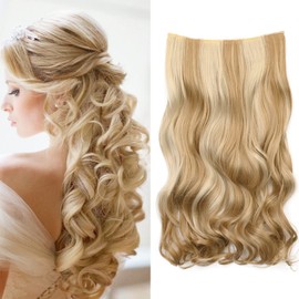 REECHO 20" 1-Pack 3/4 Full Head Curly Wave Blonde Mixed Hair Color Clips in on Synthetic Hair Extensions Hairpieces for Women 5 Clips 4.5 Oz per Piece - Medium Blonde with Highlights