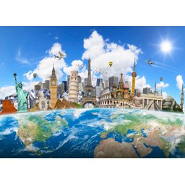 BELECO 7x5ft Fabric Around The World Travel Backdrop Global Travel World Map Earth Photo Background World Famous Landmark Newyork Paris Eiffel Tower Backdrop Birthday Party Decor Photoshoot Props