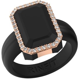 Rinfit Women's Silicone Wedding Band - Promise Rings for Her - Emerald Cut with Cubic Zirconia - Black/Rose Gold - Size 10
