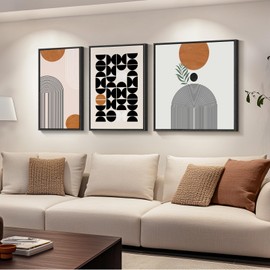 Framed Orange Abstract Wall Art for Living Room, Boho 3 Piece Large Black and White Geometric Canvas Painting Prints, Minimalist Botanical Sun Artworks for Bedroom Hallway Office Wall Decor