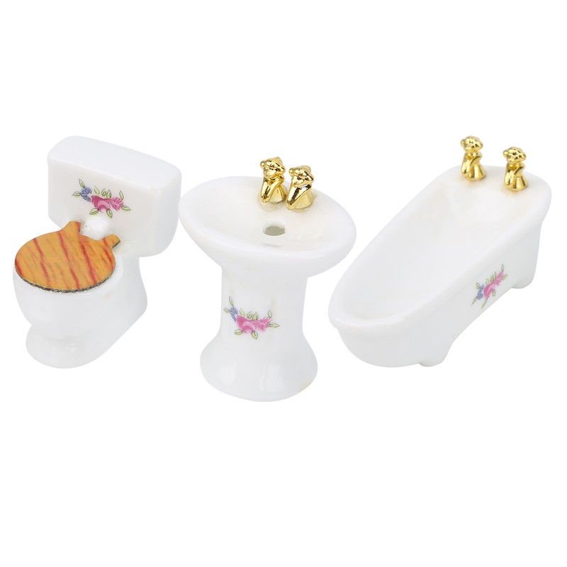 1/24 Dollhouse Miniature Bathroom Set Simulation Ceramic Bathtub Toilet Sink