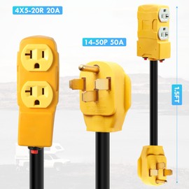 WYM world 50 Amp to 20 Amp 110V RV Distribution Adapter,NEMA 14-50P to 4 X 5-20R/15R RV 4-Prong to Mutiple Household Outlet w/ 20Amp Circuit Breaker RV Generator Distribution Cord 1FT