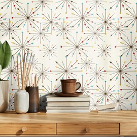 MotiMind Retro Peel and Stick Wallpaper Atomic Starburst Wall Decals 15.75" x 118" Mid Century Geometric Wallpaper Vintage Removable Wall Decals for Bedroom Kitchen Drawers Cabinets
