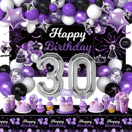 Miidenks 30th Birthday Decorations Set for Women, Purple Black Happy 30 Birthday Party Decorations with Birthday Backdrop Banner Birthday Tablecloth 30 Number Balloons for Her