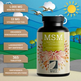 MSM 2000 mg per day + natural vitamin C - 365 MSM tablets with methylsulfonylmethane - more compact MSM powder than MSM capsules - laboratory tested with certificate - 100% vegan - supply for 6 months