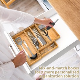 Bamboo Kitchen Drawer Organizer, Stackable Silverware Tray Utensil Organizer Cutlery Holder for Kitchen,Wooden Storage Box for Bathroom, Multi-Use Storage Bins Dividers for Office(12x3x2.5 inch）