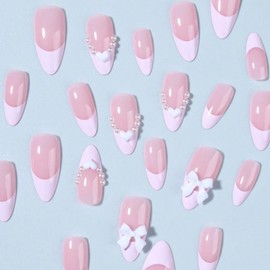 24Pcs French Tip Press on Nails with Pink Camellia Rhinestones Flash Short Square French Nails Press ons Cute Bow Sparkly False Nails Gel Glue on Nails Stick on Nails Flower Nails for Women Girls