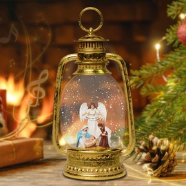 Christmas Snow Globes, 12.5" Angel and Nativity Glitter Water Lantern with Song, 6H Timer Battery & USB Powered Music Box for Christmas Decorations Indoor