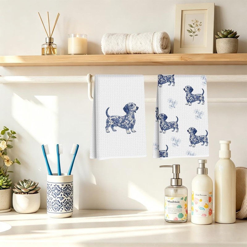 2Pcs Chinoiserie Dachshund Kitchen Towels, Weiner Dog Gifts for Women