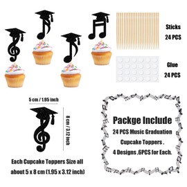 [24 Pack] Music Graduation Cupcake Toppers 2025 - VARACL Black Glitter Note with Cap Designs, DIY Grad Cupcake Decorations for Music School Graduation Party,Doctoral Degree Celebration