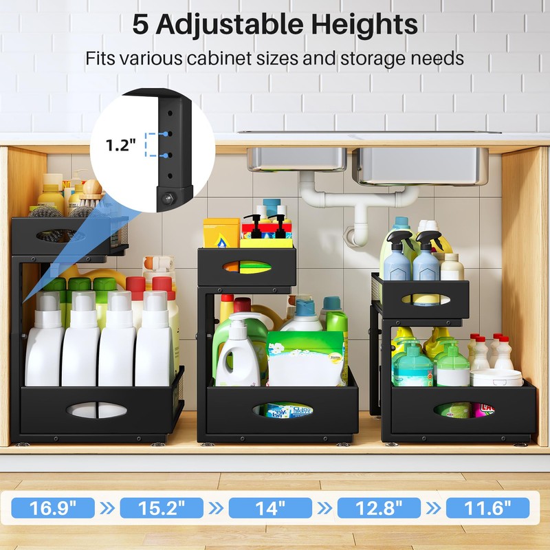 2 Pack Under Sink Organizer, 2 Tier Large Pull Out