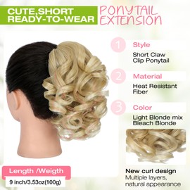 Fanguilar Ponytail Extension, 9" Short Claw Clip Ponytail Extension Curly Wavy Jaw Clip on Pony Tails Hair Extension Synthetic Hairpiece for Women, Light Blonde mix Bleach Blonde