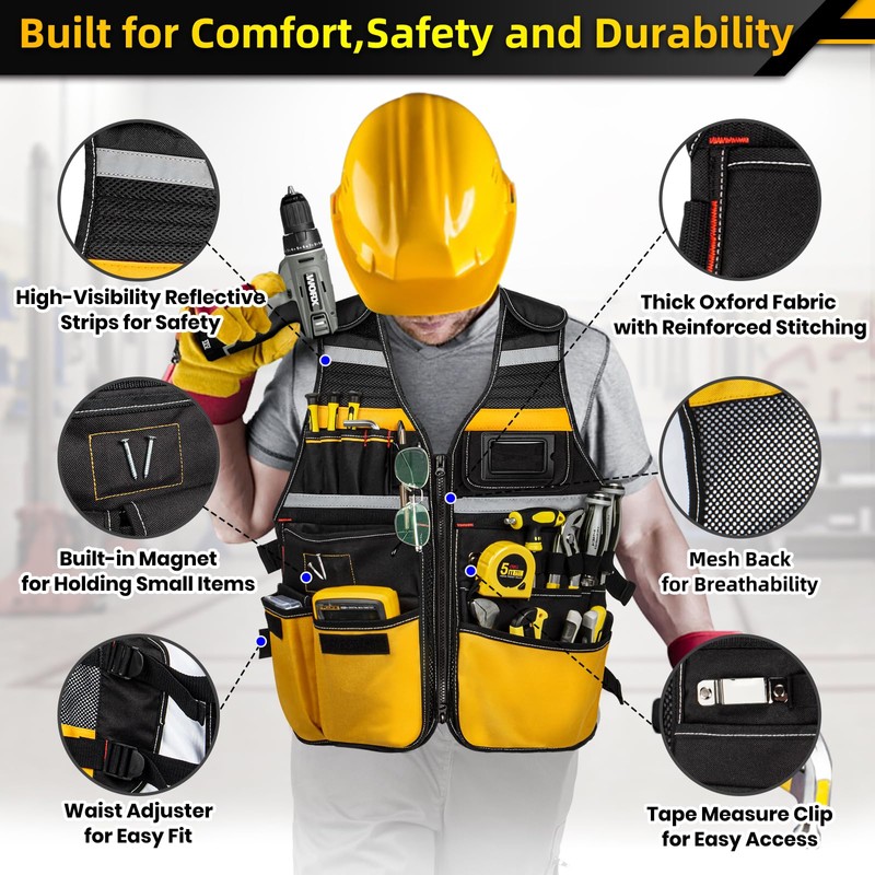 Tool Vest, Electrician Tool Vest for Men, 22 Compartments, Reflective