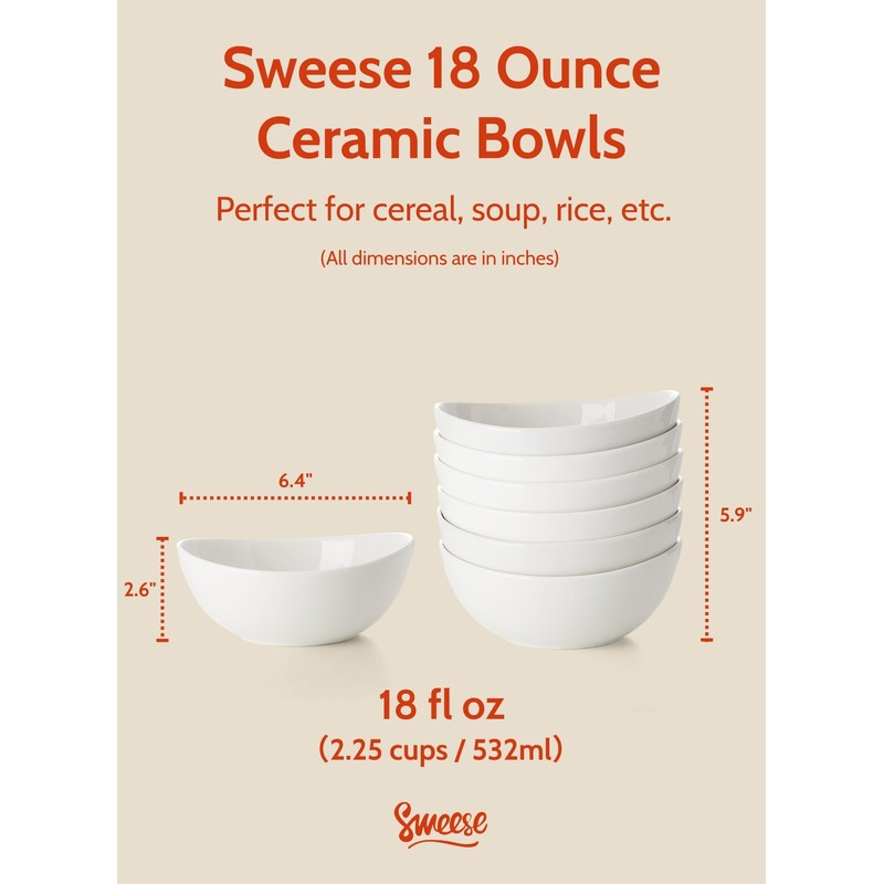 Sweese 18 oz Medium White Porcelain Bowls - Set of