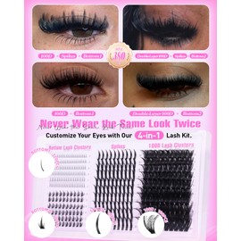 Lash Clusters Kit with Spikes Wispy Lash Extension Kit with Bottom Lashes 100D Eyelash Clusters 380PCS Volume Eyelash Extension Kit Spiky Lashes Clusters Kit with 2-IN-1 Lash Glue, Tweezers