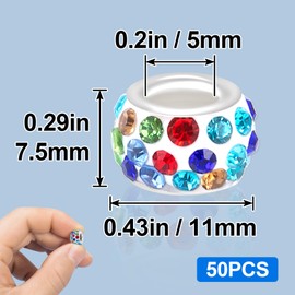 SmallCat 50 PCS 12 mm Large Hole Rhinestone Beads, White Background Colorful Crystal Rhinestone Spacer European Beads, Diamond Beads for Hair for Bracelet, Jewelry Making, DIY