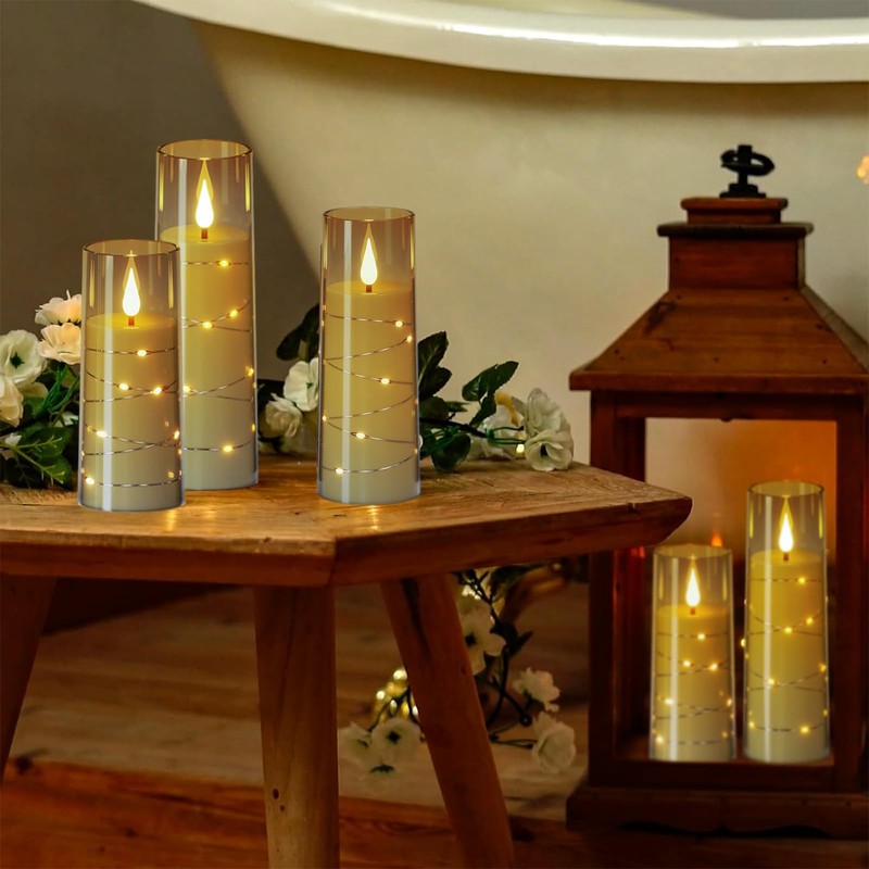 Wondise Flameless Flickering Candles with Embedded Star String Remote and