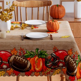 Fall Tablecloth 52x70 Inch Rectangle, Football Pumpkin Decorations Seasonal Autumn Thanksgiving Scalloped Edge Waterproof Fall Table Cover Home Party Decor