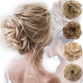 Messy Bun Hair Piece Scrunchy Updo Hair Pieces for Women Fluffy Wavy Hair Bun Scrunchies Donut Hairpiece Synthetic Chignons With Elastic Rubber Band Golden Blonde & Bleach Blonde-Thicker 2 pcs