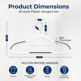 SereneLife Plastic Clothes Hangers, 50-Pack Hanger Set with Non-Slip Rubber Pad and 360° Swivel Hook, Durable White Hangers for Shirts, Coats, Pants, Dresses, Space-Saving Closet Organizer