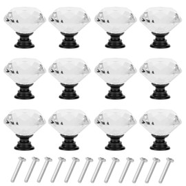 YourGift 12 Pack Drawer Knobs Diamond Shaped Crystal Glass 30mm Cabinet Knobs Pull Handles (Black)