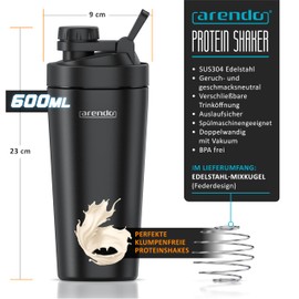 Arendo - Protein Shaker Stainless Steel 600 ml - Protein Shaker with Mixing Ball - BPA Free - Mixing Cup - Metal Premium Protein Shaker - Double Wall - Dishwasher Safe - To Go for Yoga Fitness Sports