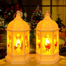 Pack of 2 Christmas Decorative Lanterns, Christmas Lantern with Warm Yellow LED Light, Table Decoration, Santa Claus and Snowman Pattern for New Year