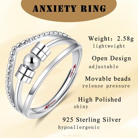 Kamise Silver Anxiety Ring, 925 Sterling Silver Anxiety Relief Ring, Silver 360° Rotatable Beads Ring, Adjustable Spinner Thumb Ring Anti-Anxiety Rings, Fidget Rings for Anxiety Women Kids Daughter