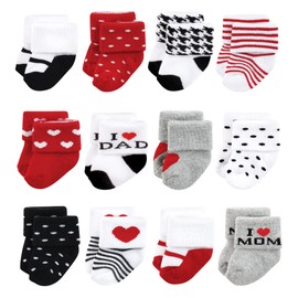 Hudson Baby Unisex Baby Cotton Rich Newborn and Terry Socks, Mom & Dad Girl Red Black, 6-12 Months