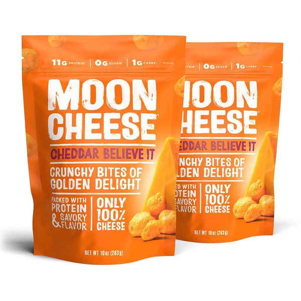Moon Cheese Cheddar Believe It, 100% Cheddar Cheese Snacks, Crunchy Keto Food, Low Carb, High Protein, Gluten-Free 10 oz (2 Pack) An excellent high protein no-sugar snack alternative to bars and chips