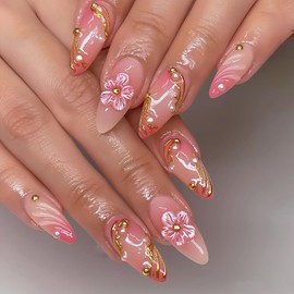24Pcs 3D Flower Press on Nails Medium Almond Fake Nails with Pearl Rhinestones Design Pink Gradient Acrylic Nail Gold Lines False Nail White Hibiscus Floral Glue on Nails for Women Summer Nail Decor