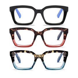ZXYOO 3 Pack Oversize Square Design Reading Glasses for Women,Fashion Readers with Spring Hinge (Black&Blue sunset&Pink sunset, 1.75)