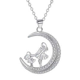 Hifeeled Mother Daughter Necklace Women's 925 Sterling Silver Moon Necklace Mum Pendant Original for Women Mother Wife Jewellery Gifts, Sterling Silver, Cubic Zirconia