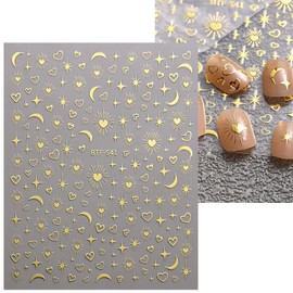 JFIYUOMCI 6 Sheets Silver Gold Moon Star Nail Art Stickers - 3D Heart Galaxy Celestial Nail Design Decals, Self Adhesive Nail Stickers for Women Girls DIY Decoration Nails Supplies Accessories