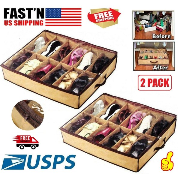 2 PACK 12 Pairs Shoes Storage Organizer Container For Under Bed Closet Box Bag
