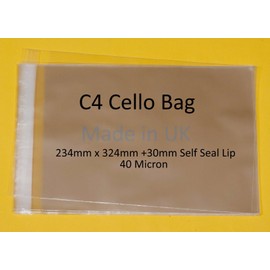celloexpress C4 Cello Size 234mm x 324mm+ 30mm Flap - Cellophane Artist Display Bags Self Seal 40 Micron Pack of 50