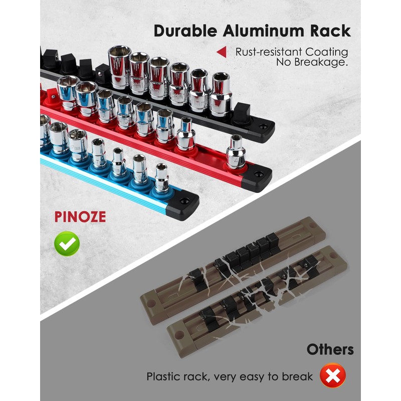 PINOZE 1/4" Magnetic Socket Holder Organizer - Aluminum Alloy Socket