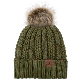 C.C Exclusives Fuzzy Lined Knit Fur Pom Beanie Hat (YJ-820) (Confetti New Olive)