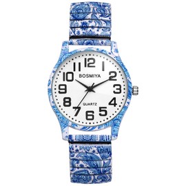 OIDEA Unisex Watch Elastic Bohemian: Boho Elastic Wrist Watch Printed Pattern Flowers Analogue Quartz Movement with Large Digital Dial Clear Watch Gift for Men Women, Type 2